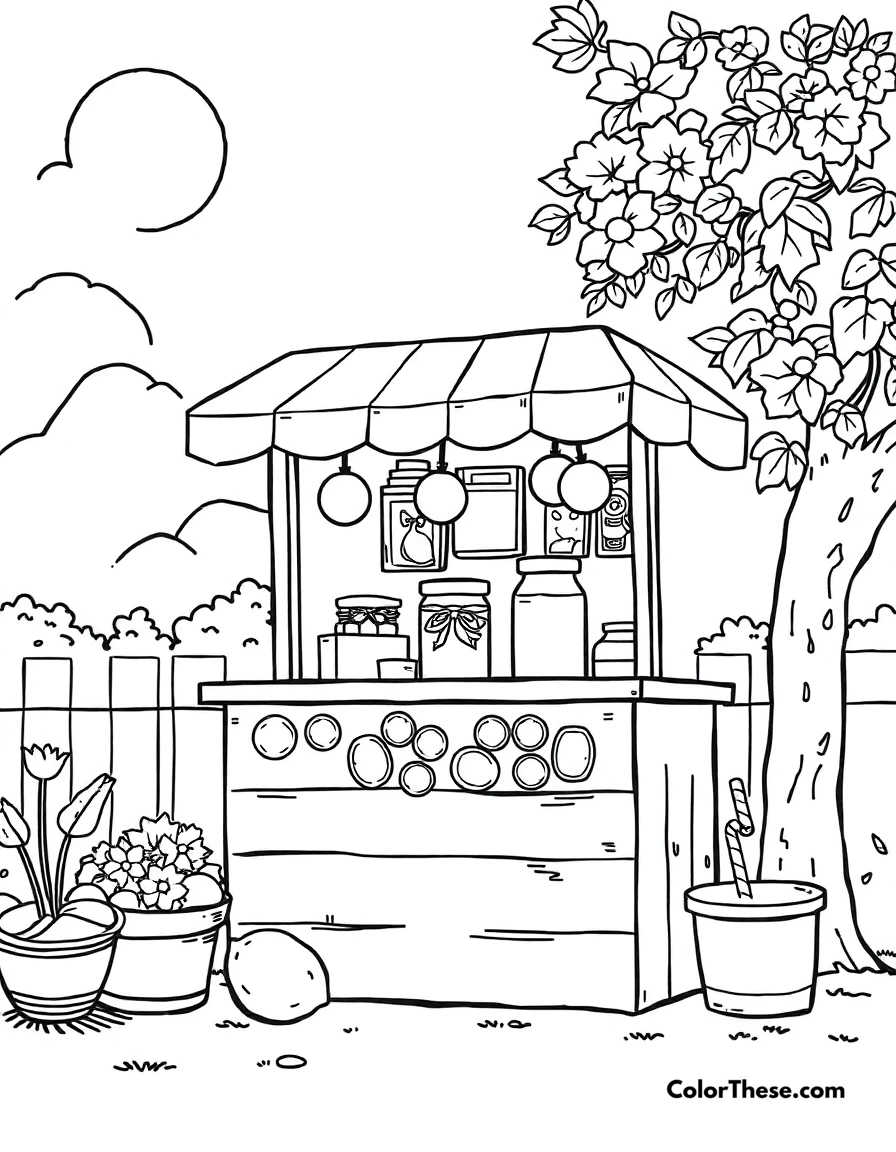 Free printable summer lemonade stand coloring page for kids and adults. A lemonade stand on a sunny summer day.