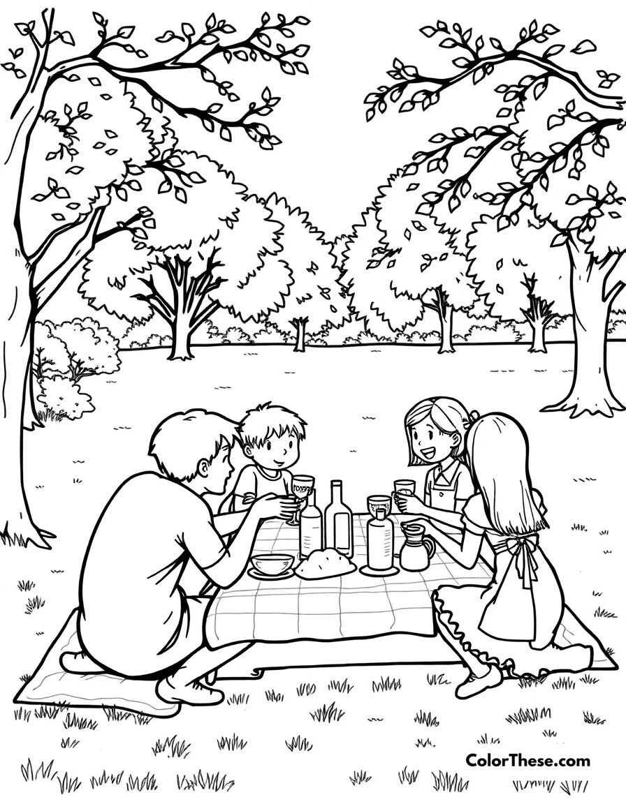 Free printable summer picnic coloring page for kids and adults. A family enjoying a picnic in the park.