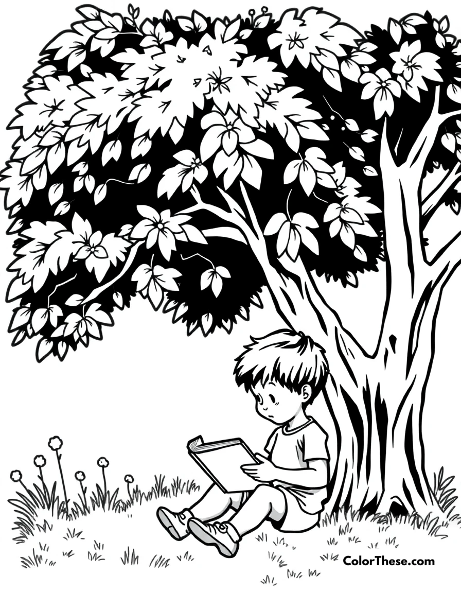 Free printable summer reading coloring page for kids and adults. A child reading a book under a tree in the summer.