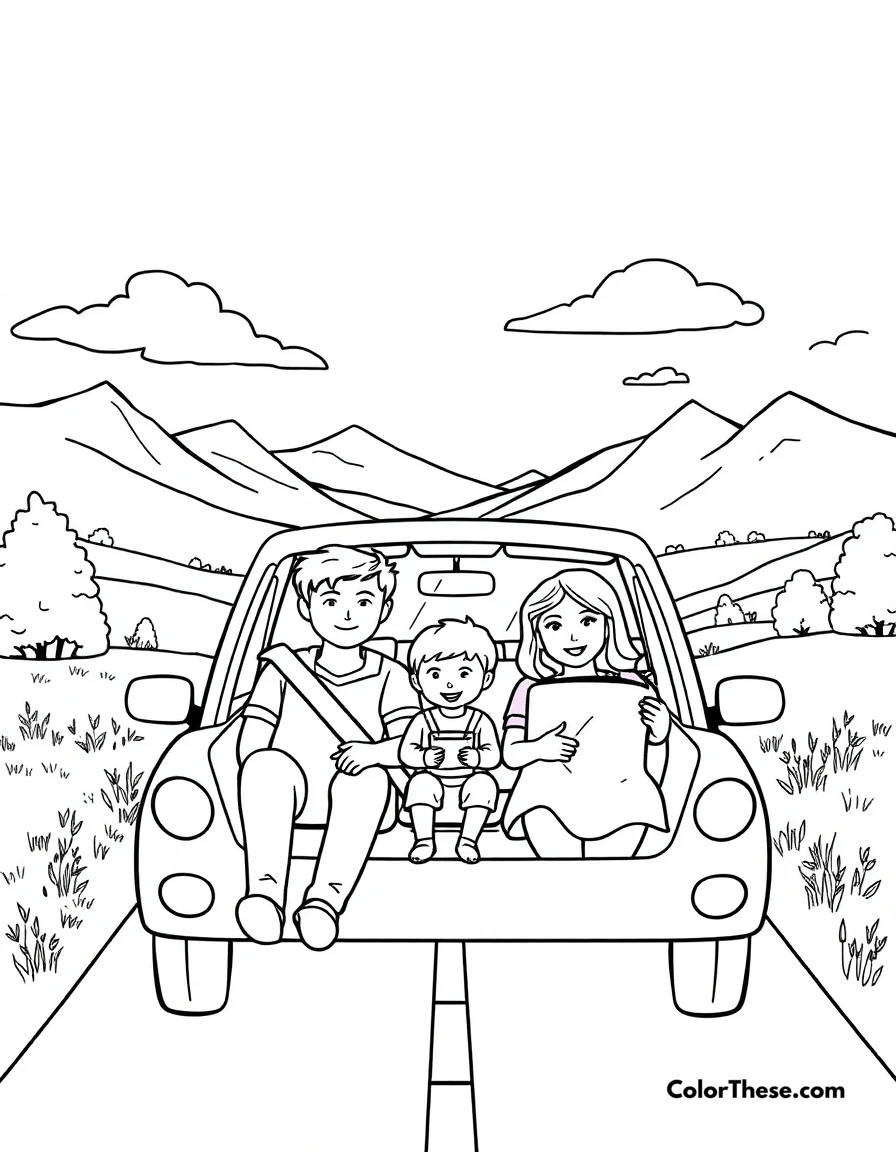 Free printable summer road trip coloring page for kids and adults. A family on a road trip through scenic summer landscapes.