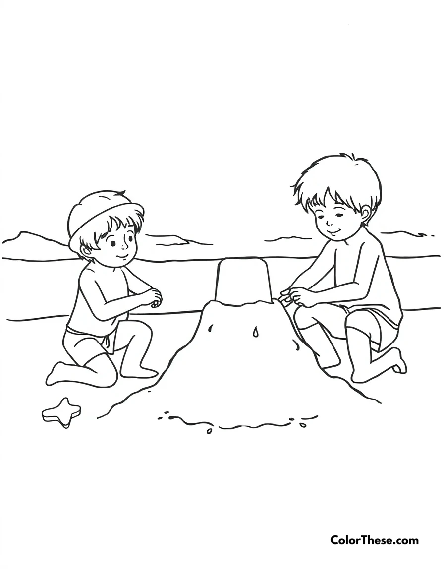 Free printable summer sandcastle coloring page for kids and adults. Kids building a sandcastle on the beach.