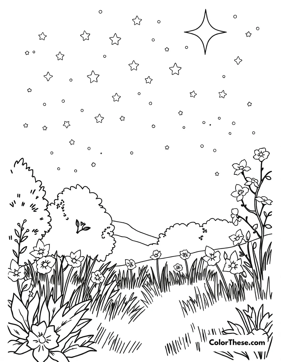 Free printable summer starry night coloring page for kids and adults. A peaceful summer night under the stars.