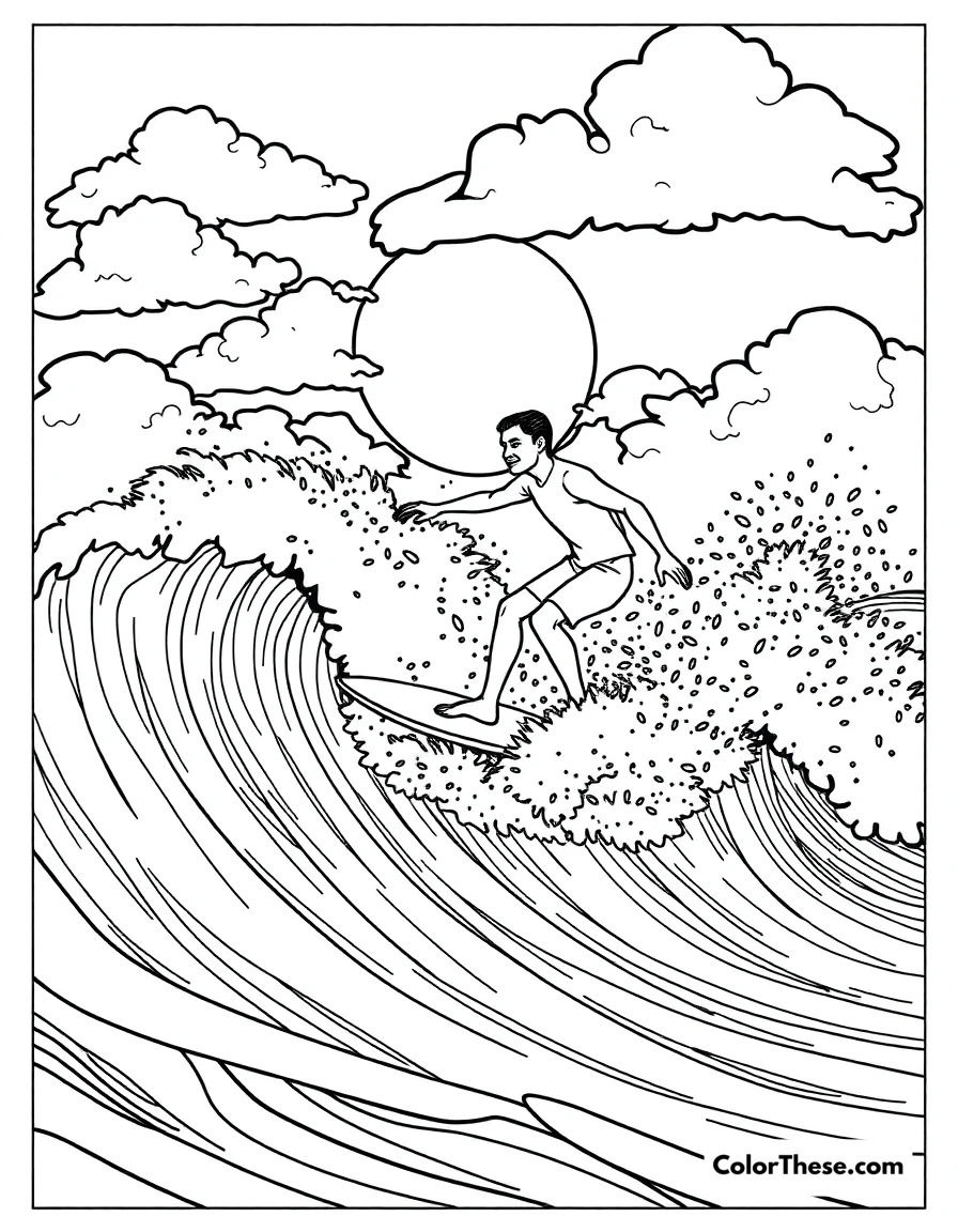 Free printable summer surfing coloring page for kids and adults. A surfer riding the waves on a summer day.