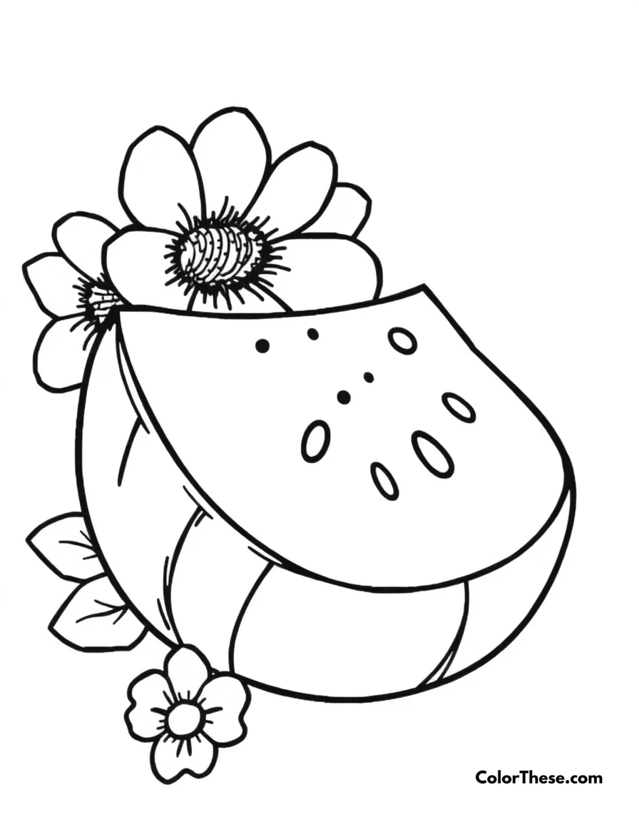 Free printable summer watermelon slice coloring page for kids and adults. A refreshing slice of watermelon on a summer day.