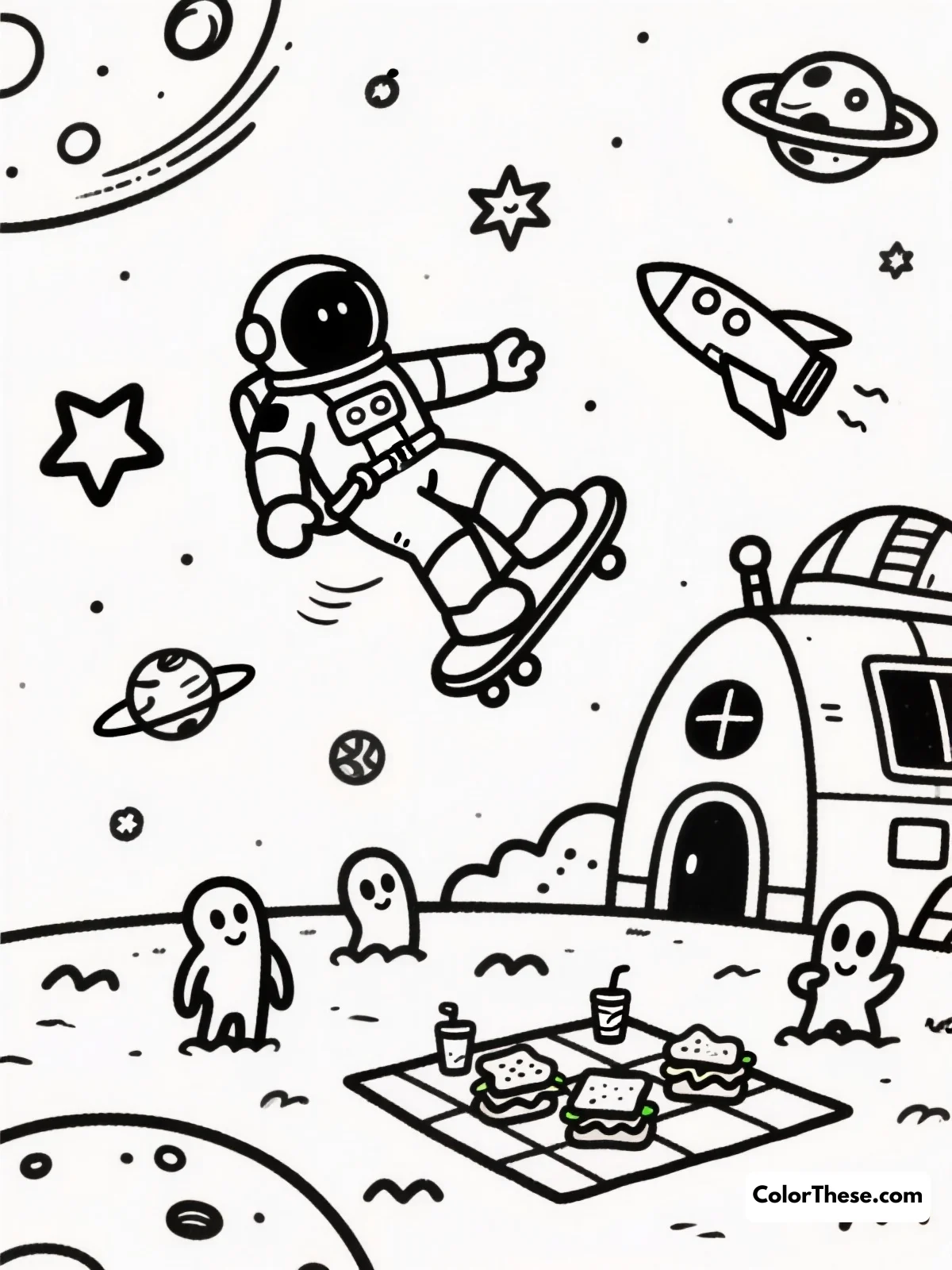 Free printable astronauts' day off coloring page for kids and adults. Download the Astronauts' Day Off coloring page—free printable PDF for all ages! Color astronauts relaxing on the moon and ignite your imagination in space.
