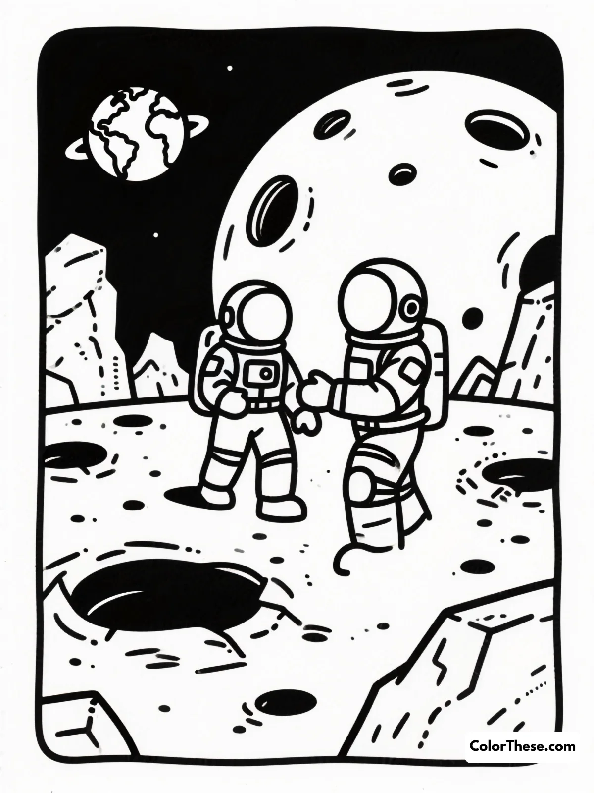 Free printable astronauts on the moon coloring page for kids and adults. Blast off with the Astronauts on the Moon coloring page! Download this free printable PDF for kids and let their imaginations color a fun space adventure.