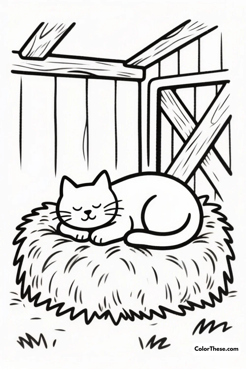 Barn Cat Napping in the Hay coloring page