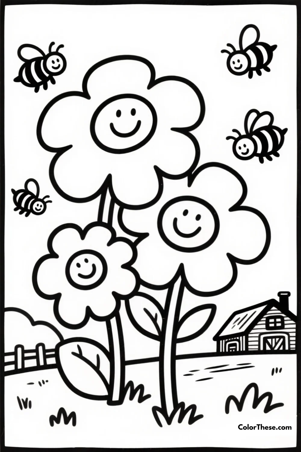 Busy Bees Near the Farm Flowers coloring page