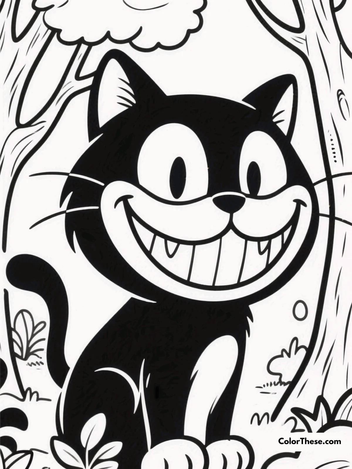 Free printable cheshire cat's mischievous grin coloring page for kids and adults. Download this free Cheshire Cat's Mischievous Grin coloring page—perfect for all ages! Enjoy whimsical Wonderland details and unleash your creativity today.