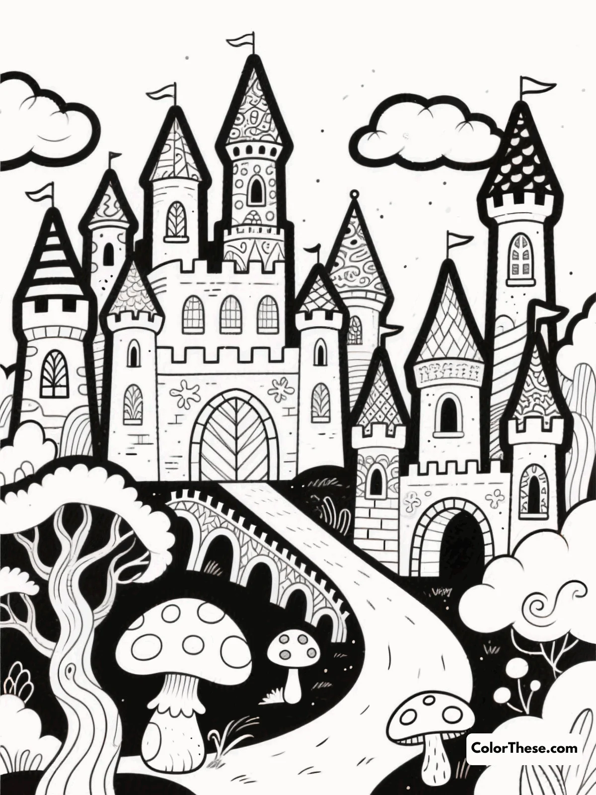Free printable colorful castles of wonderland coloring page for kids and adults. Bring fantasy to life with the Colorful Castles of Wonderland coloring page! Download this free printable PDF for magical castle scenes for kids and adults.