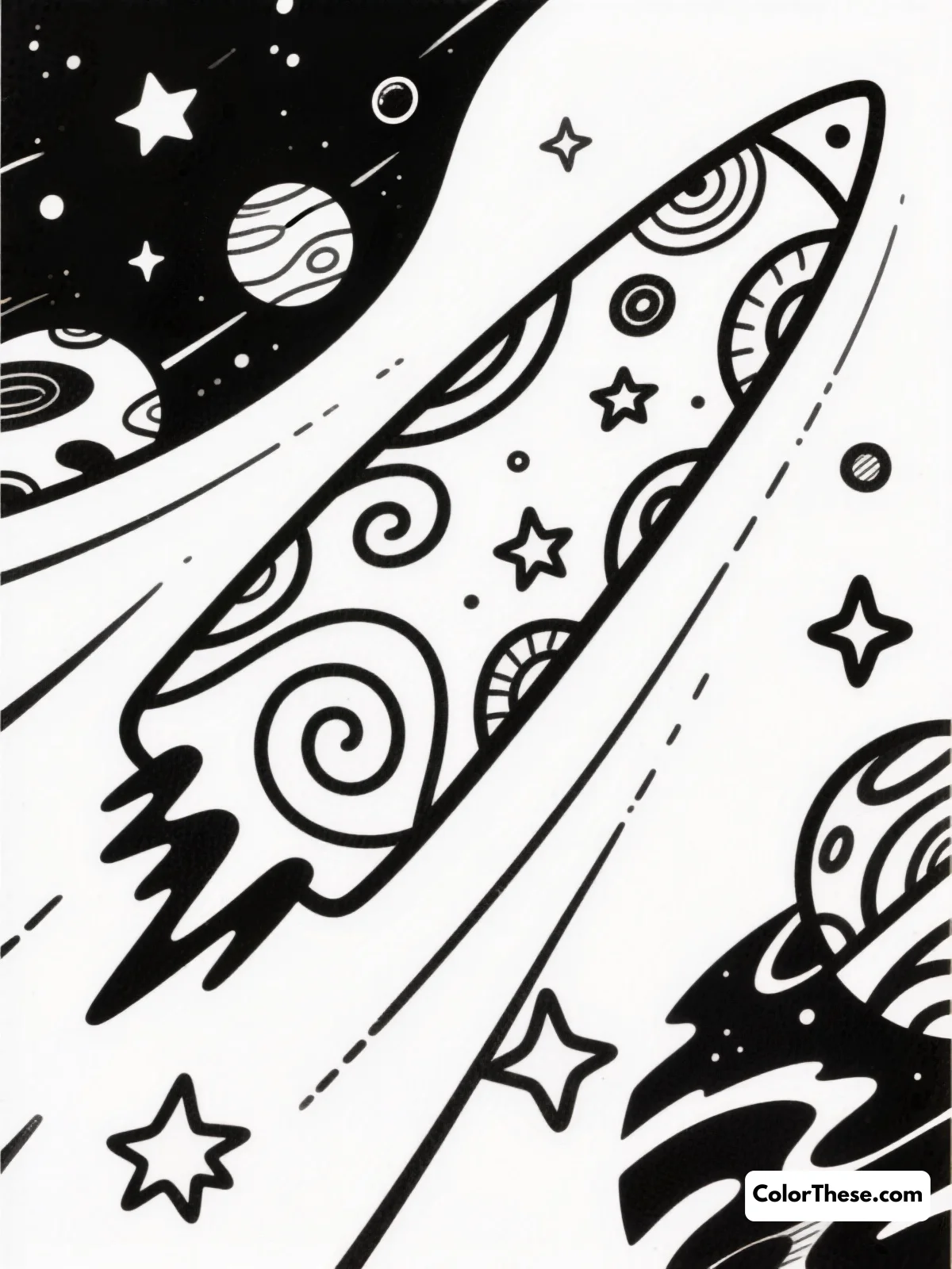 Free printable comet streaking through space coloring page for kids and adults. Download the Comet Streaking Through Space coloring page—free printable PDF for all ages! Explore stars, planets, and a dazzling comet in this cosmic art scene.