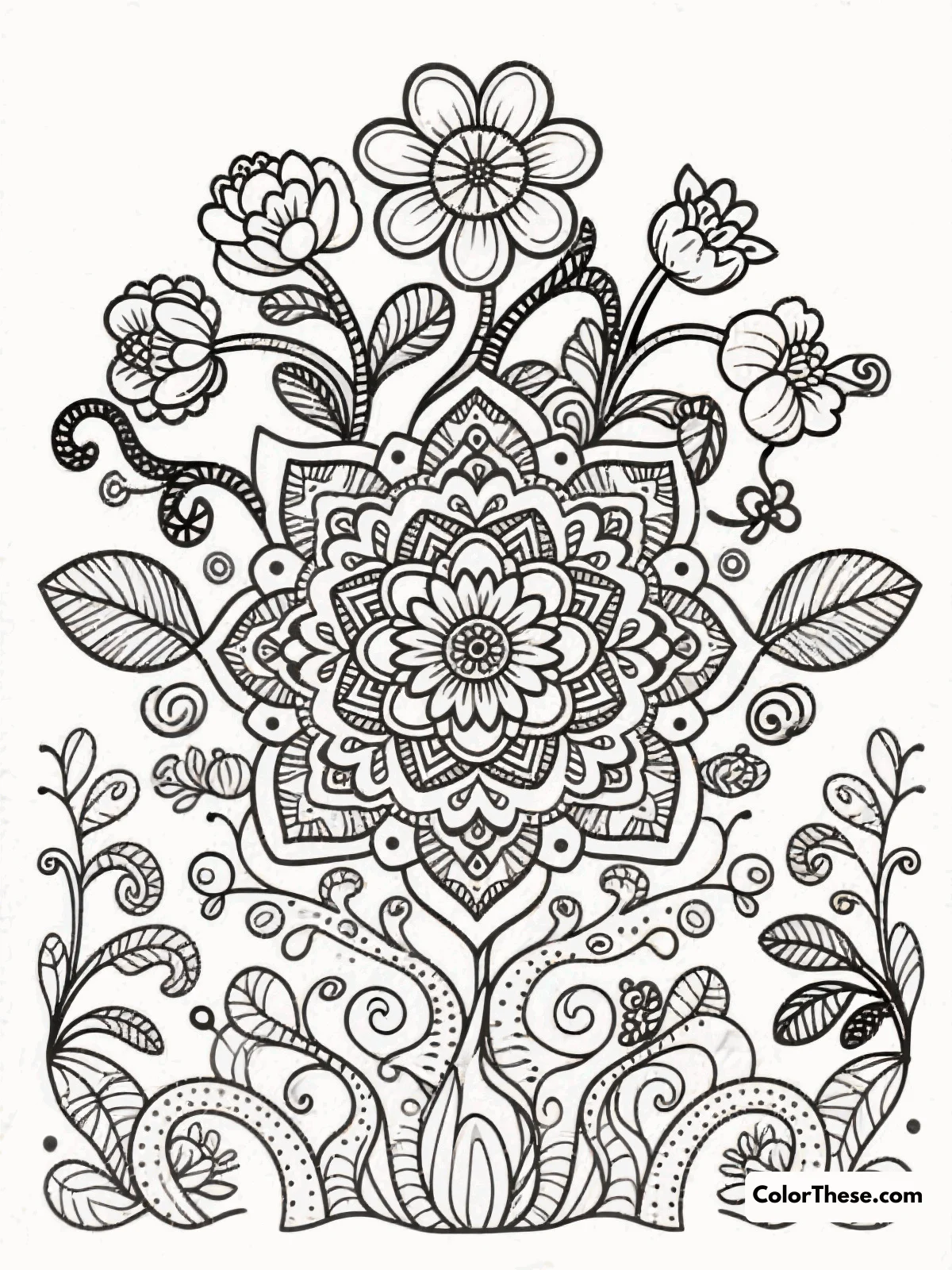 Free printable floral fantasy in wonderland coloring page for kids and adults. Download the Floral Fantasy in Wonderland coloring page—an enchanting, free printable PDF for all ages. Discover magical flowers and hidden wonders to color!