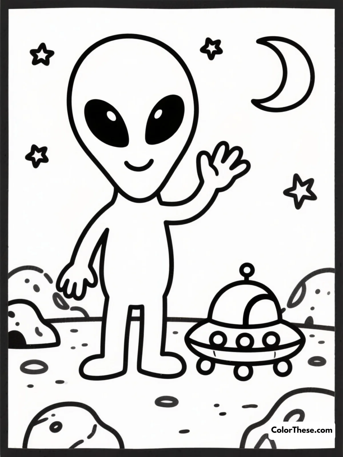Free printable friendly alien encounter coloring page for kids and adults. Meet friendly extraterrestrials with our Friendly Alien Encounter coloring page! Download this free printable PDF and let your creativity explore new worlds.