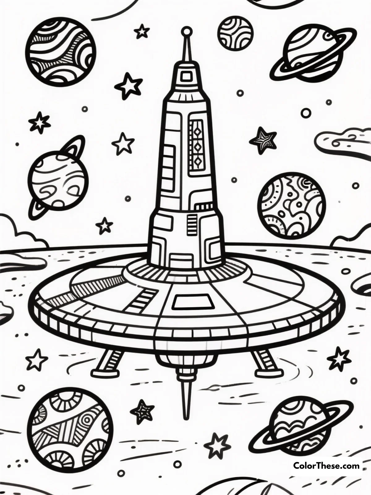 Free printable galactic space station coloring page for kids and adults. Blast off into creativity with our Galactic Space Station coloring page! Download this free printable PDF and color a detailed space adventure for all ages.