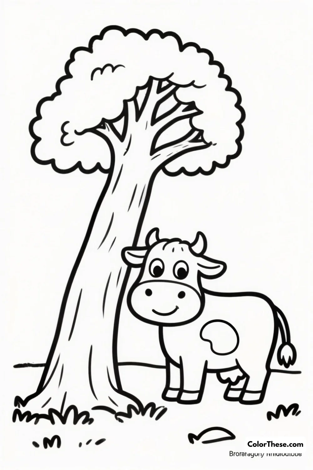 Gentle Cow Under the Oak Tree coloring page