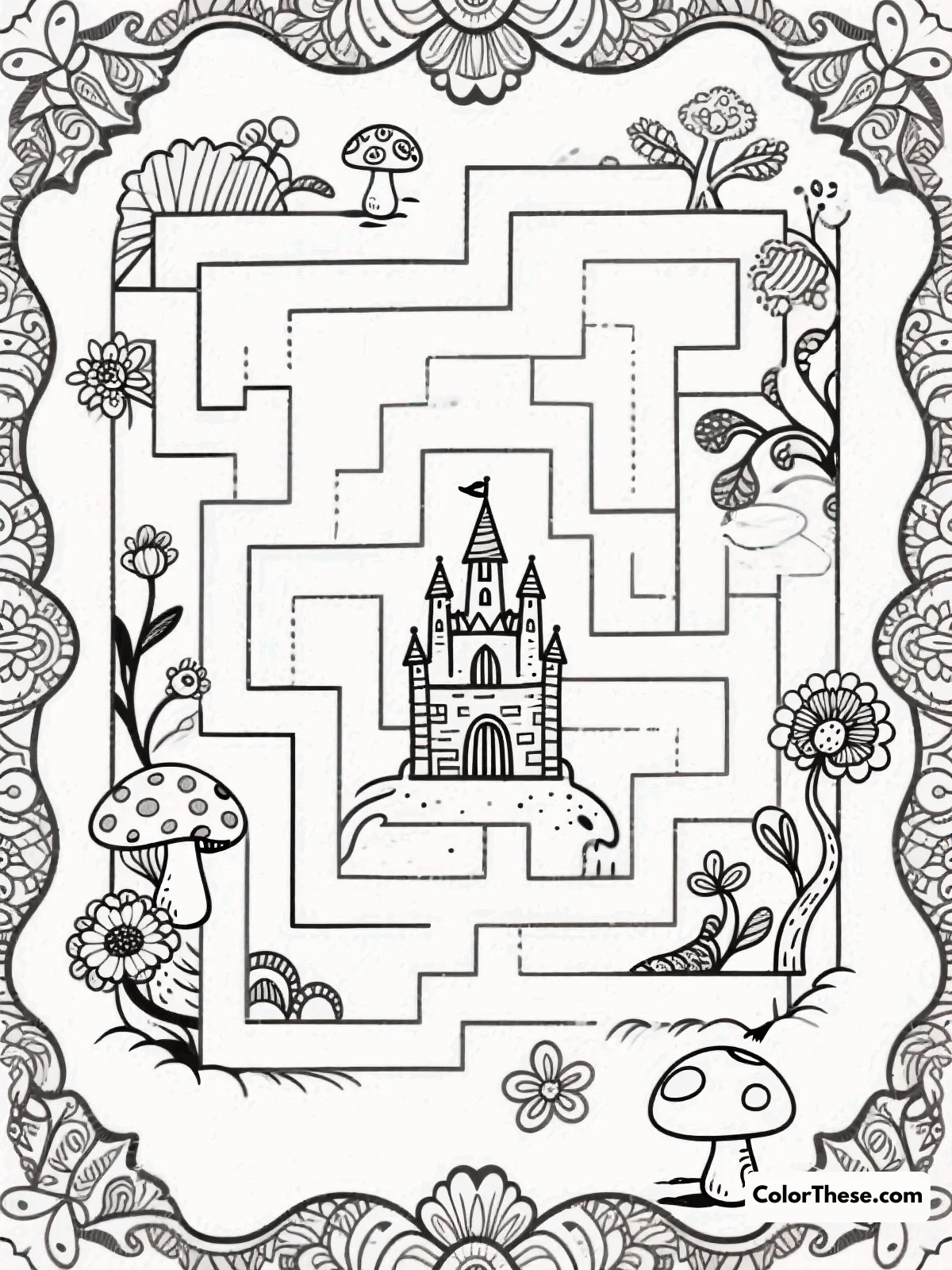 Free printable intricate wonderland maze coloring page for kids and adults. Get lost in creativity with the Intricate Wonderland Maze coloring page! Download this free printable PDF and color a whimsical maze packed with enchanting details.