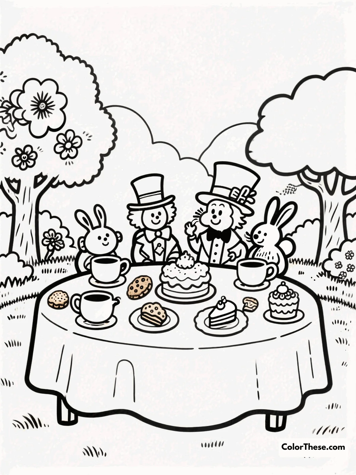 Free printable mad hatter's tea party coloring page for kids and adults. Join Wonderland with our free Mad Hatter's Tea Party coloring page! Download, print, and color this whimsical scene—perfect for all ages and skill levels.