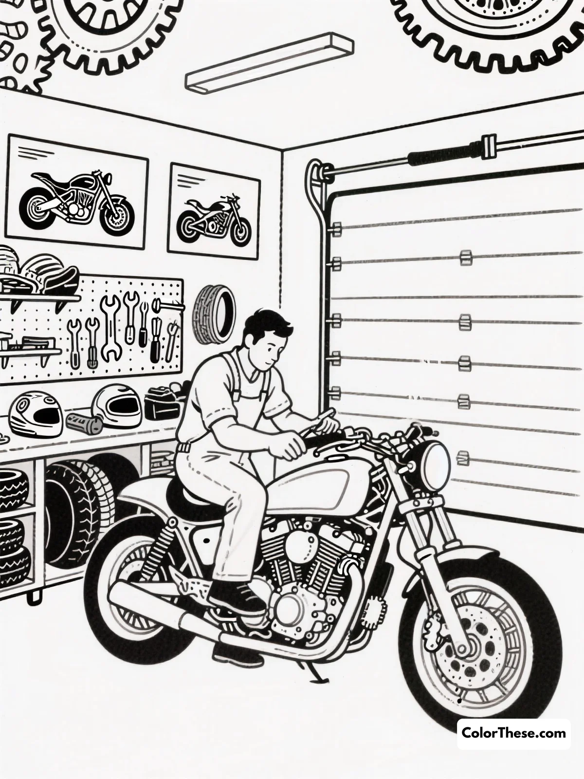Motorcycle Mechanic's Workshop coloring page