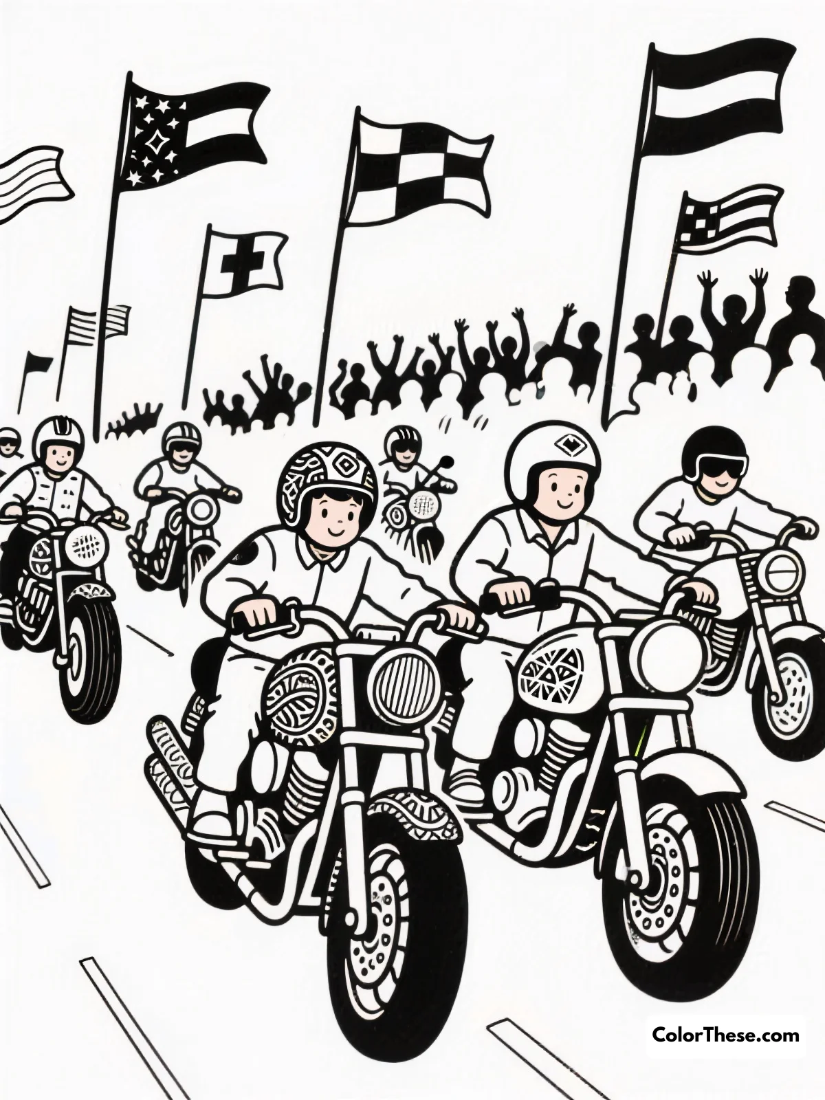 Motorcycle Parade with Flags coloring page