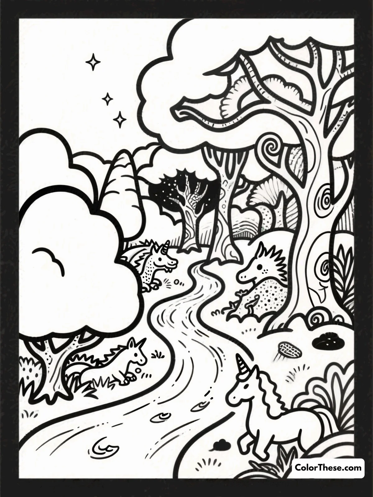 Free printable mystical wonderland landscape coloring page for kids and adults. Bring magic to life with our Mystical Wonderland Landscape coloring page! Download this free printable PDF and enjoy creative coloring fun for all ages.