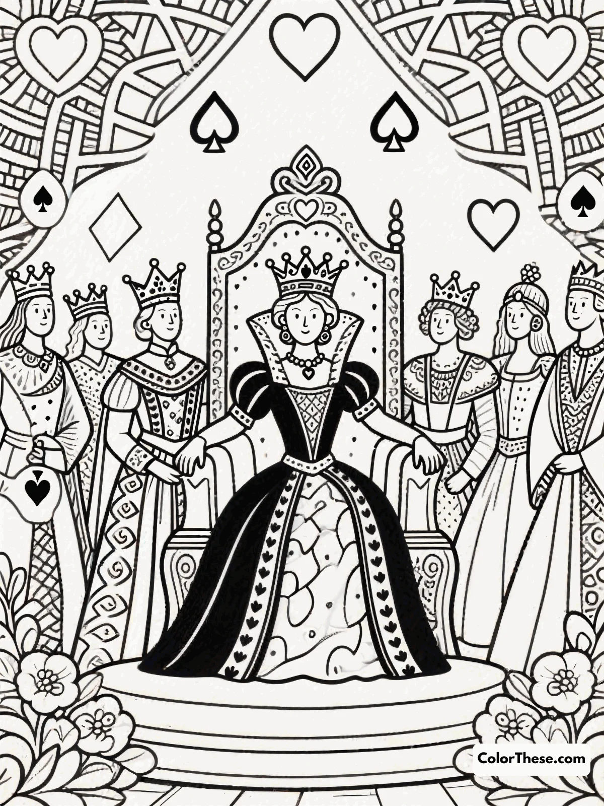 Free printable queen of hearts' royal court coloring page for kids and adults. Step into a whimsical world with our Queen of Hearts' Royal Court coloring page! Download this free printable PDF and bring the royal scene to life with color.
