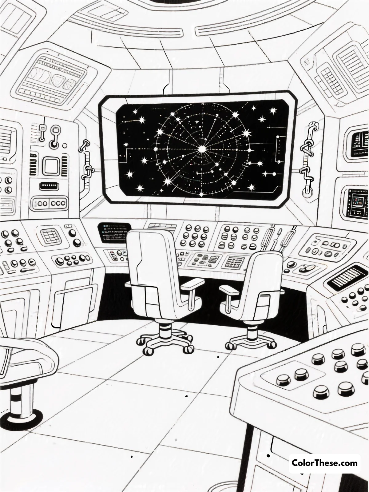 Free printable spaceship command center coloring page for kids and adults. Blast off with our Spaceship Command Center coloring page! Download this free printable for kids and explore a world of space adventure and creativity.
