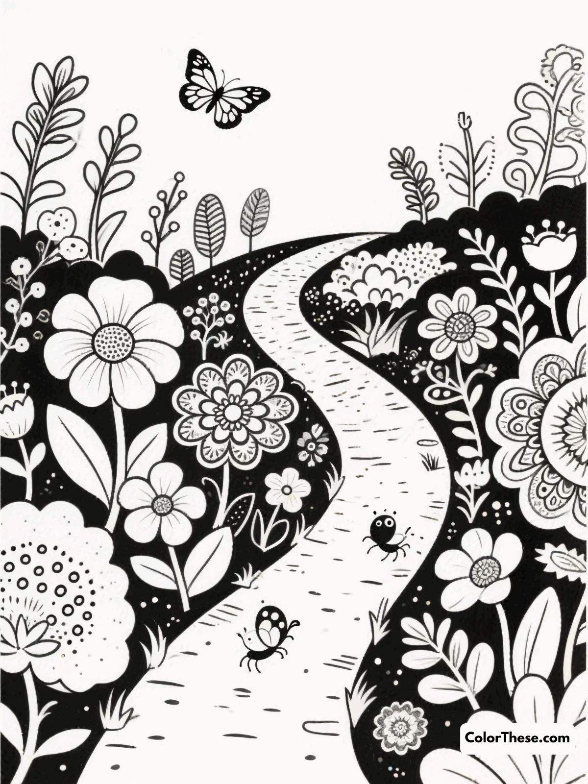 Free printable the enchanted garden path coloring page for kids and adults. Wander into magic with The Enchanted Garden Path coloring page! Free printable PDF for all ages, packed with flowers, creatures, and creative coloring fun.