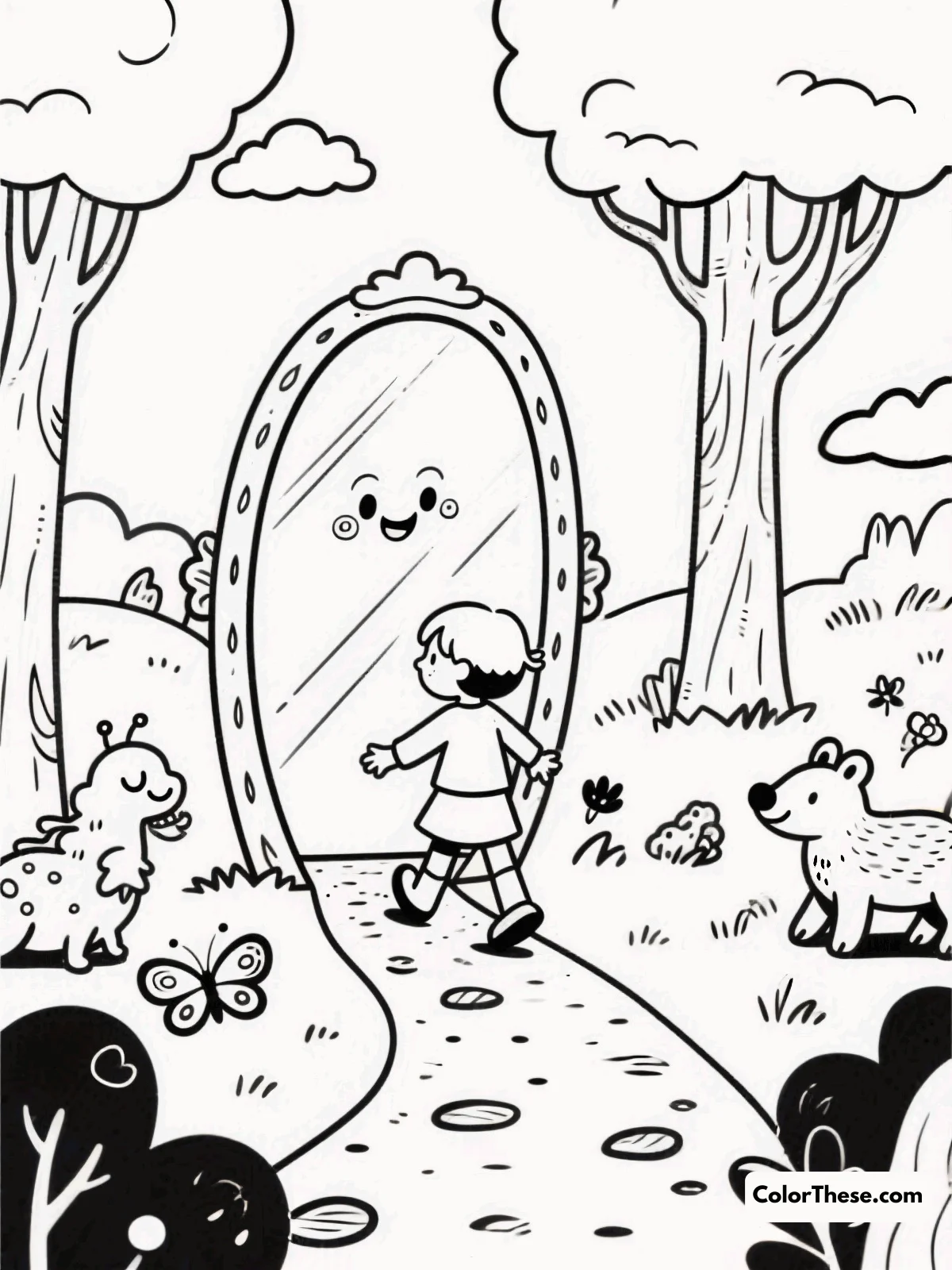 Free printable the looking glass journey coloring page for kids and adults. Step into imagination with The Looking Glass Journey coloring page! Download this free printable PDF and color a magical mirrored world—fun for all ages.