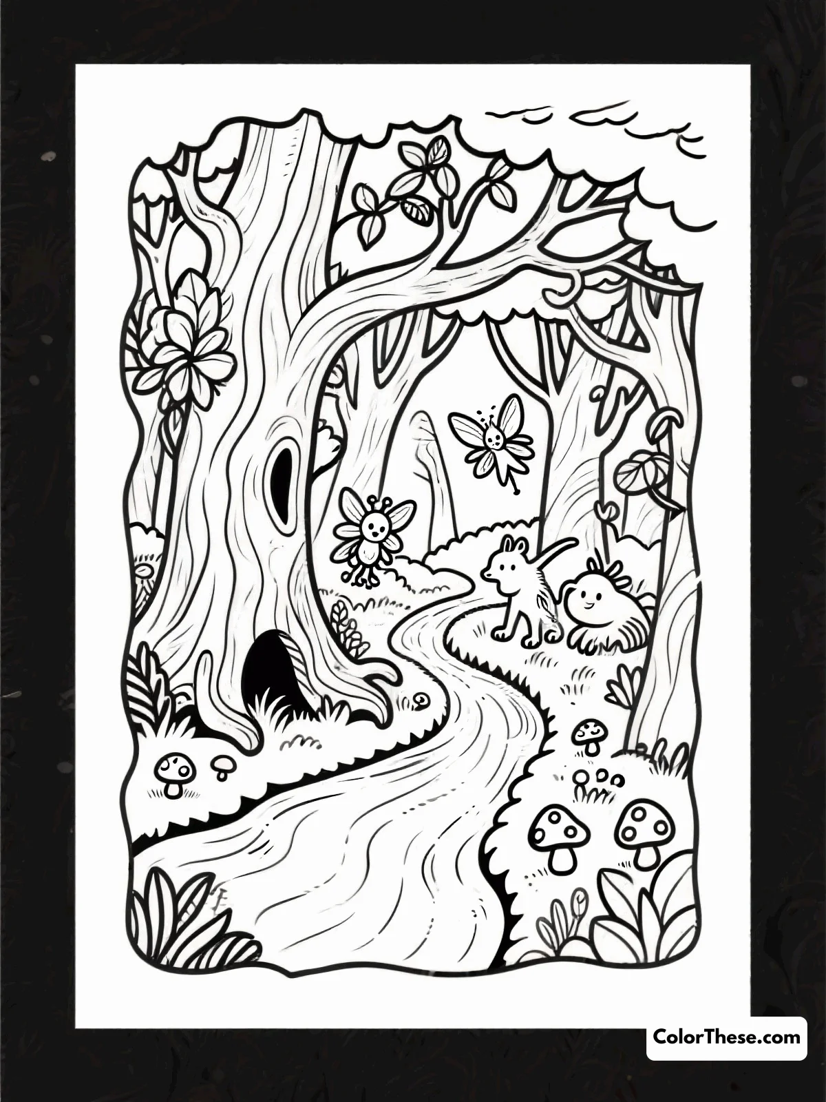 Free printable wonderland's magical forest coloring page for kids and adults. Explore the enchanting Wonderland's Magical Forest coloring page—free to download and print! Perfect for kids and adults who love magical woodland scenes.