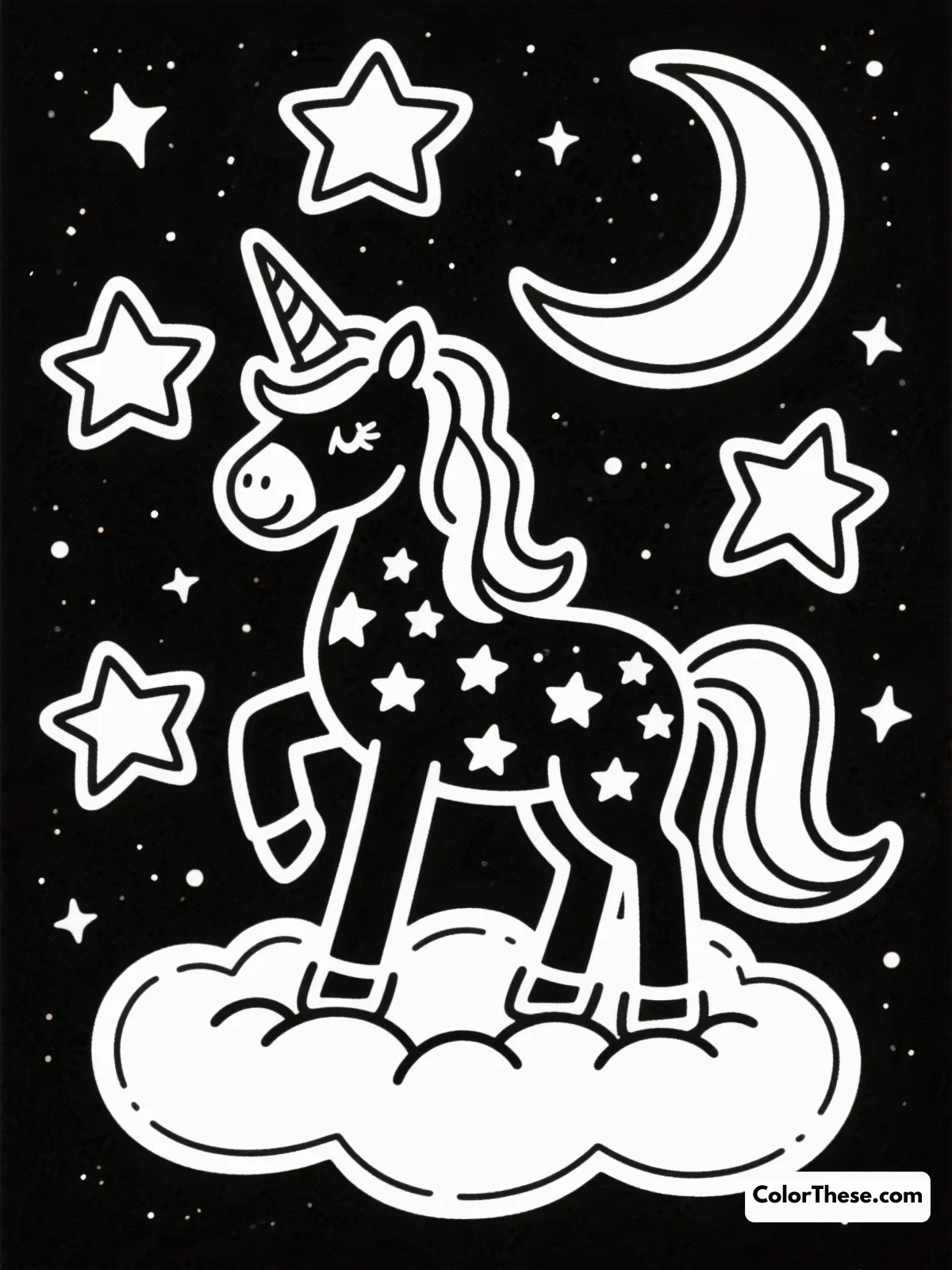 Celestial Unicorn in a Starry Night coloring page