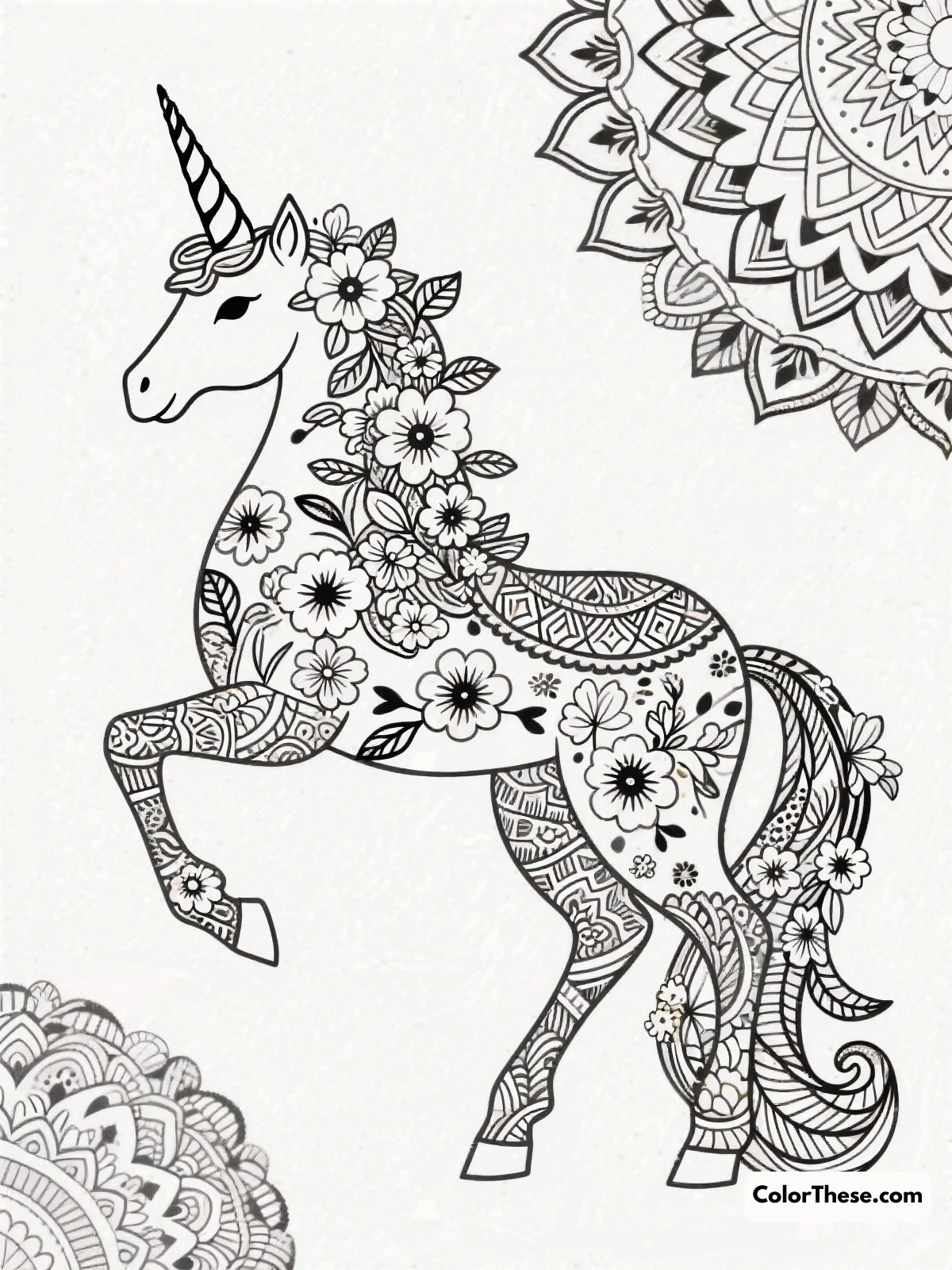 Floral Unicorn with Detailed Patterns coloring page