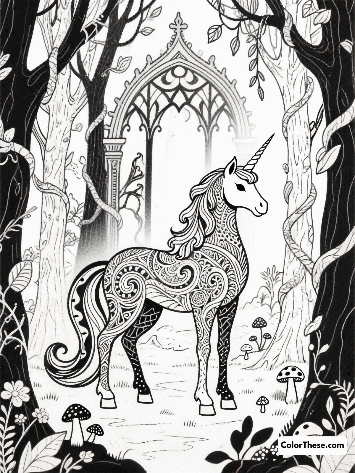 Gothic Unicorn and Enchanted Forest coloring page