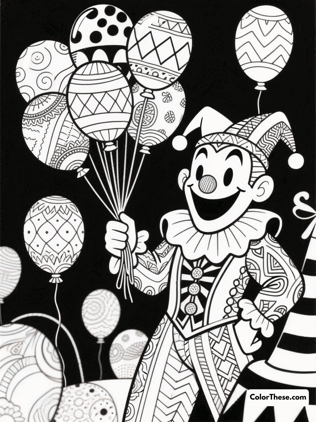 Free printable joker and balloons coloring page for kids and adults. Download a free Joker and Balloons coloring page for kids! Perfect for parties or playtime—printable PDF with a friendly joker and lots of fun balloons to color.