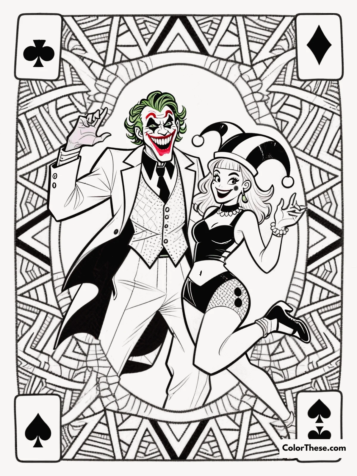 Free printable joker and harley quinn coloring page for kids and adults. Download a free Joker and Harley Quinn coloring page—perfect for all ages! Enjoy printable PDF art featuring Gotham's iconic duo. Print and color today.