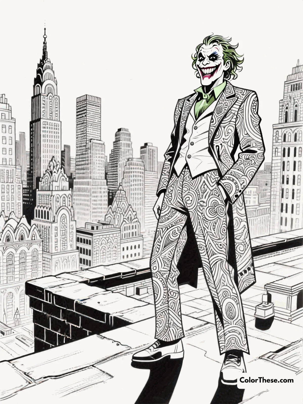 Free printable joker in gotham city coloring page for kids and adults. Download the Joker in Gotham City coloring page as a free printable PDF. Perfect for all ages—color Gotham’s most famous villain and his city your way!