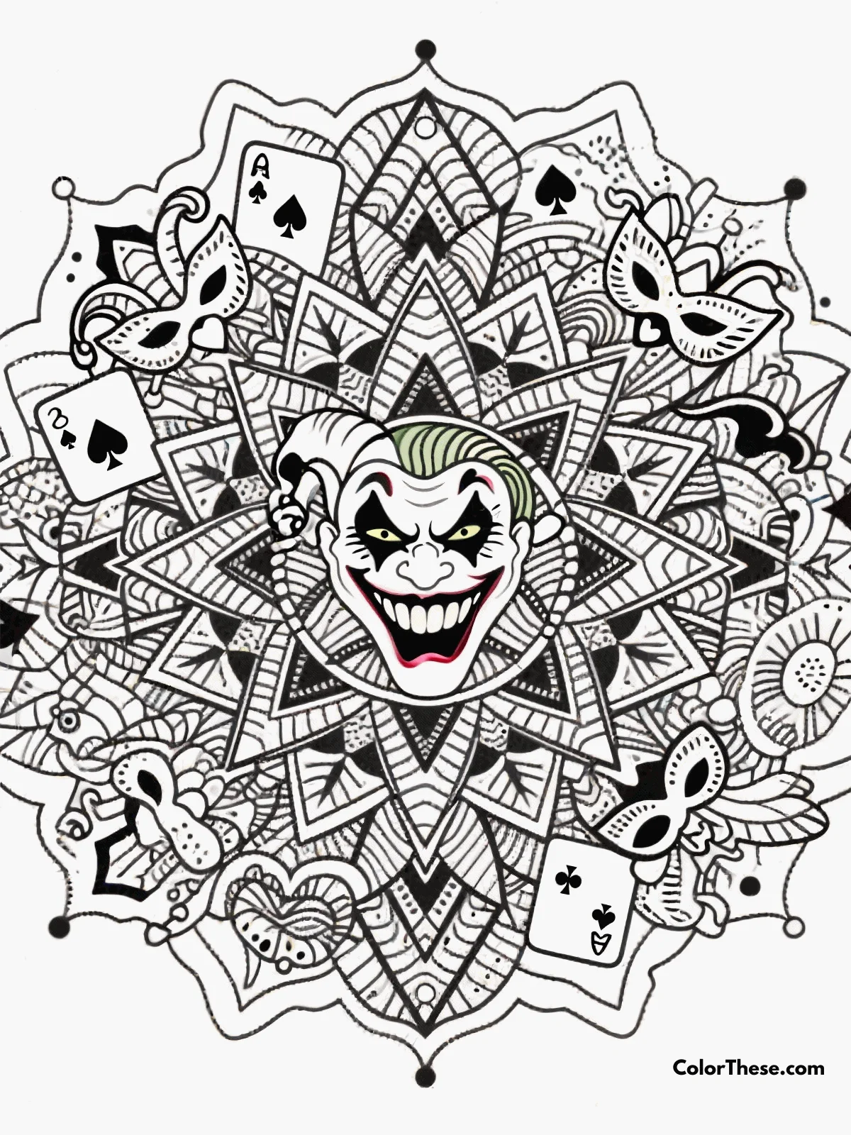 Free printable joker's chaos mandala coloring page for kids and adults. Dive into intricate chaos with the Joker's Chaos Mandala coloring page! Download this free printable PDF for adults and unleash artistic creativity and mindfulness.