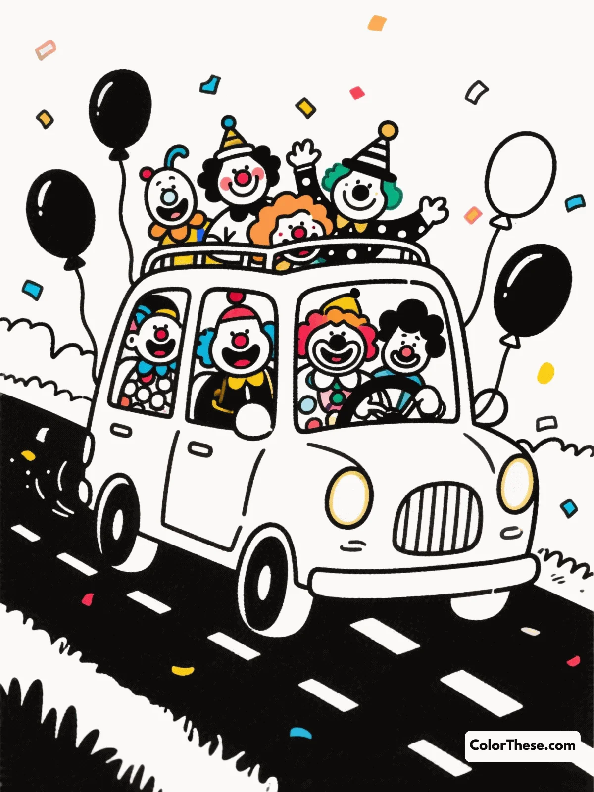 Free printable joker's clown car coloring page for kids and adults. Download the Joker's Clown Car coloring page – a free printable PDF with comic-style details for kids and adults. Print, color, and bring the fun to life!