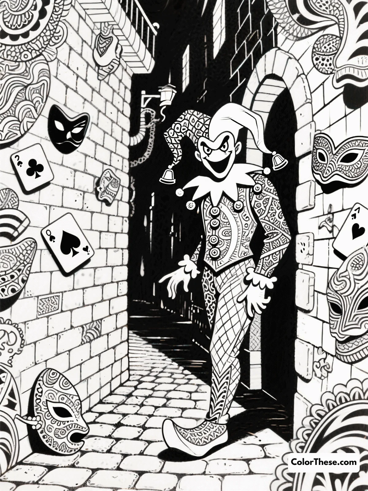 Free printable joker's dark alley coloring page for kids and adults. Explore the mysterious Joker's Dark Alley coloring page—free printable PDF for all ages. Download, print, and bring this atmospheric scene to life with color!