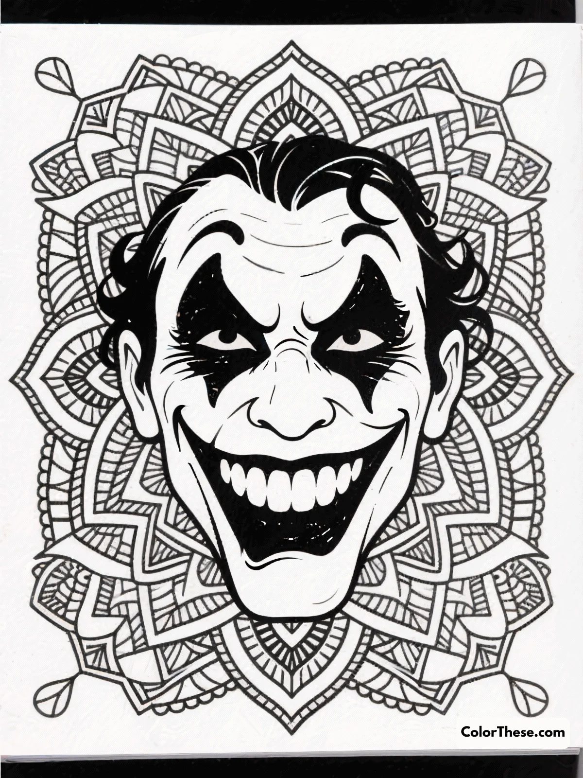 Free printable joker's grinning face coloring page for kids and adults. Download the Joker's Grinning Face coloring page as a free printable PDF for adults. Enjoy intricate details and advanced coloring techniques for stress relief.