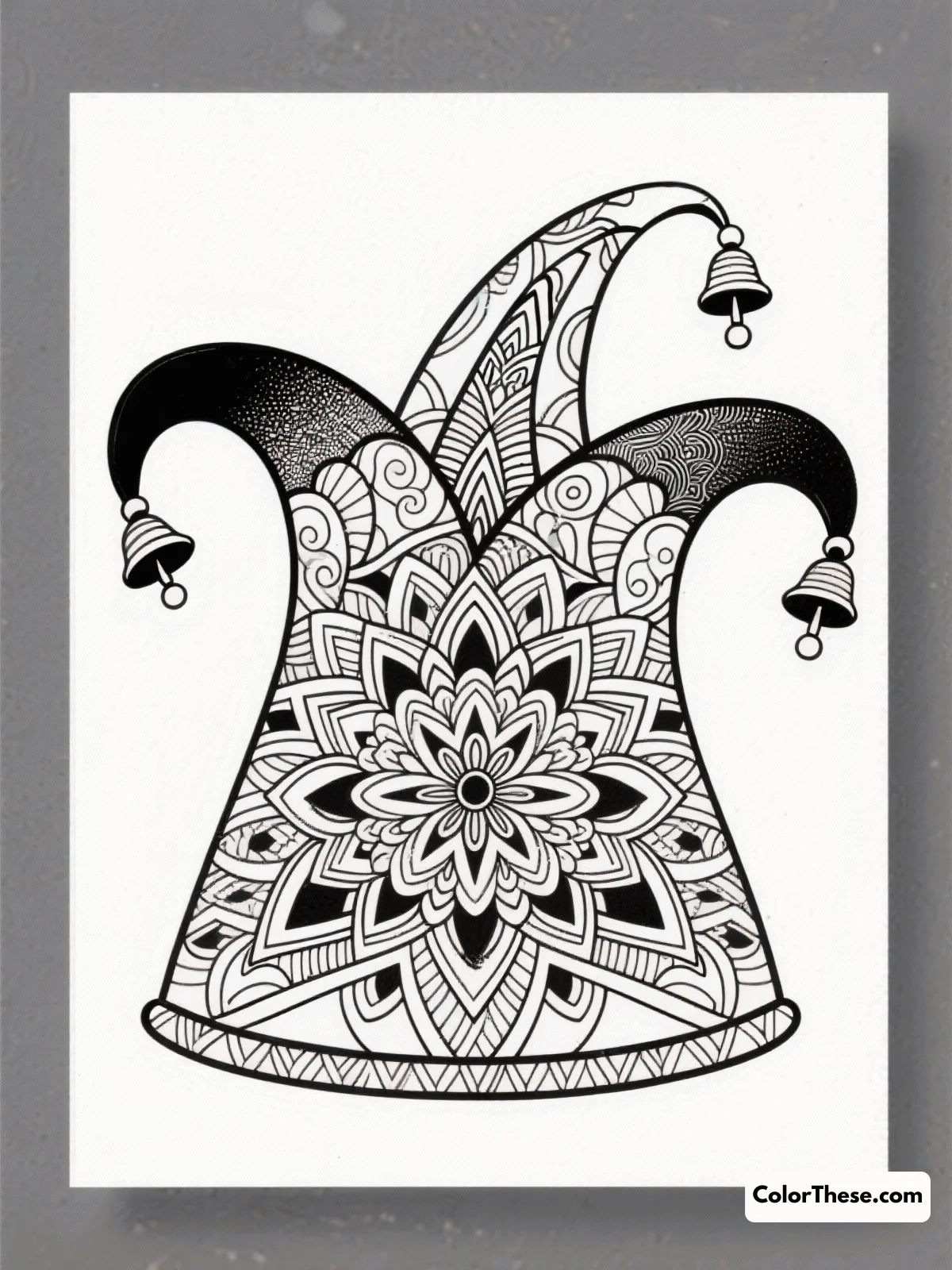 Free printable joker's jester hat coloring page for kids and adults. Download the Joker's Jester Hat coloring page—an intricate, whimsical design perfect for all ages. Print for free and add vibrant color to this classic jester icon!