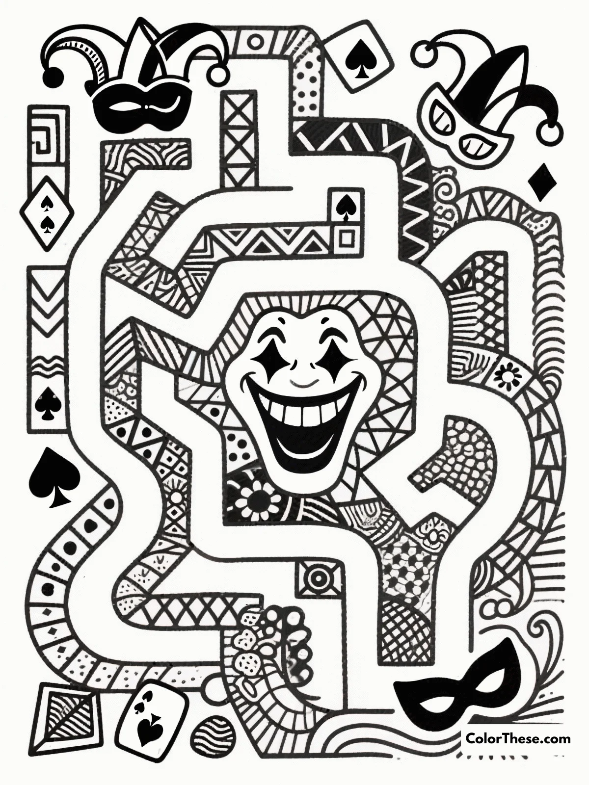 Free printable joker's laughter maze coloring page for kids and adults. Download the free Joker's Laughter Maze coloring page—an imaginative maze packed with laughter and detail. Perfect for kids & adults to print, color, and enjoy!