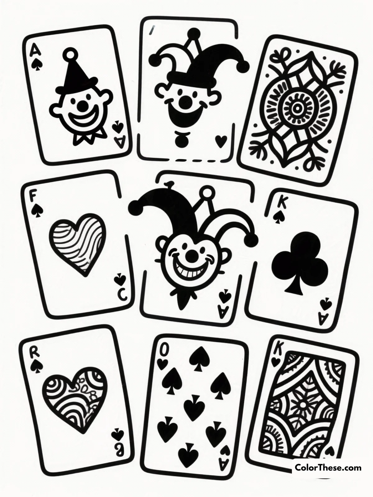 Free printable joker's playing cards coloring page for kids and adults. Download this Joker's Playing Cards coloring page as a free printable PDF. Perfect for all ages—color the playful joker and his classic cards your way!