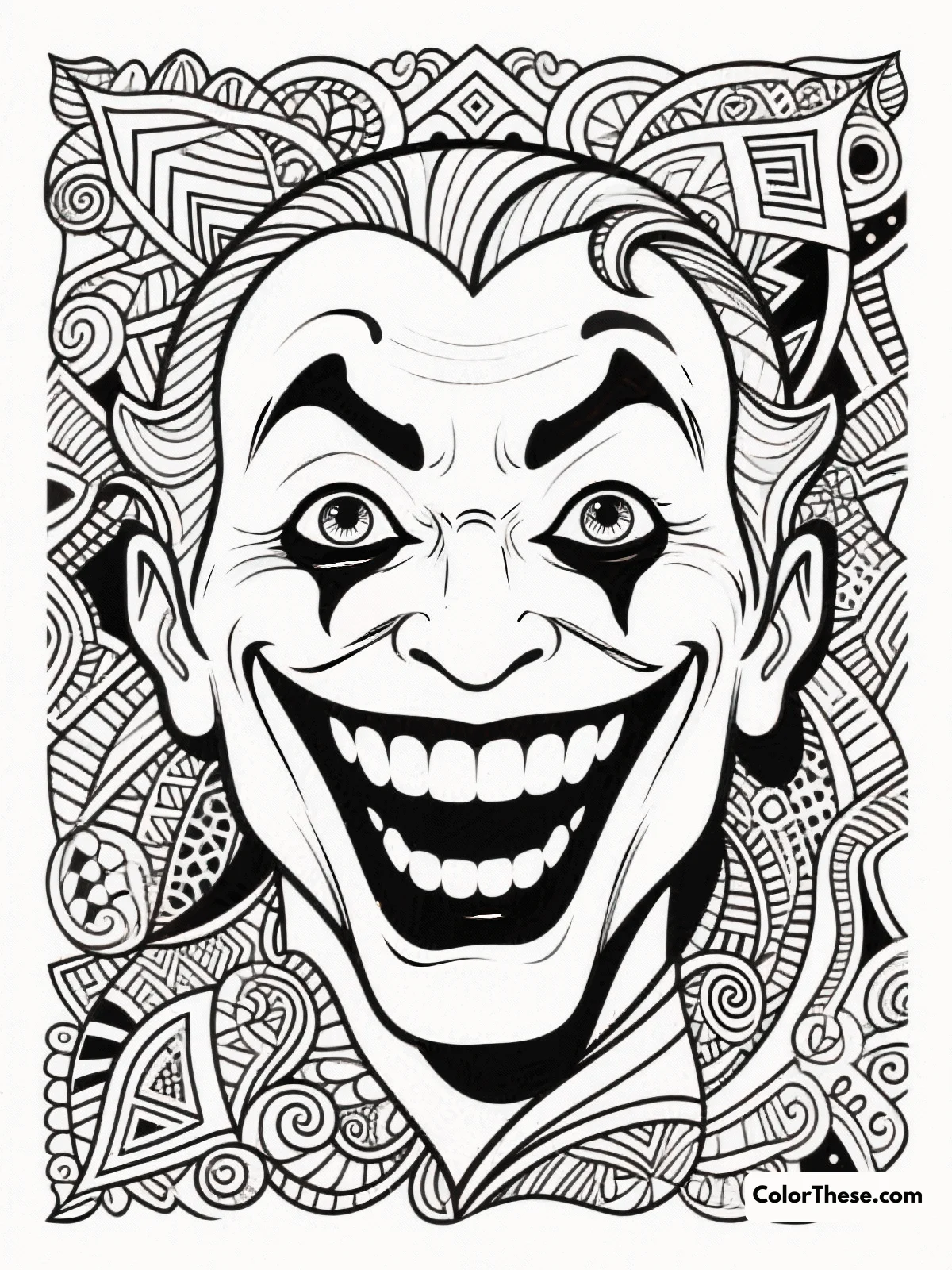 Free printable joker's smile coloring page for kids and adults. Download the Joker's Smile coloring page as a free printable PDF. Enjoy intricate details and advanced coloring techniques perfect for adults and older teens.