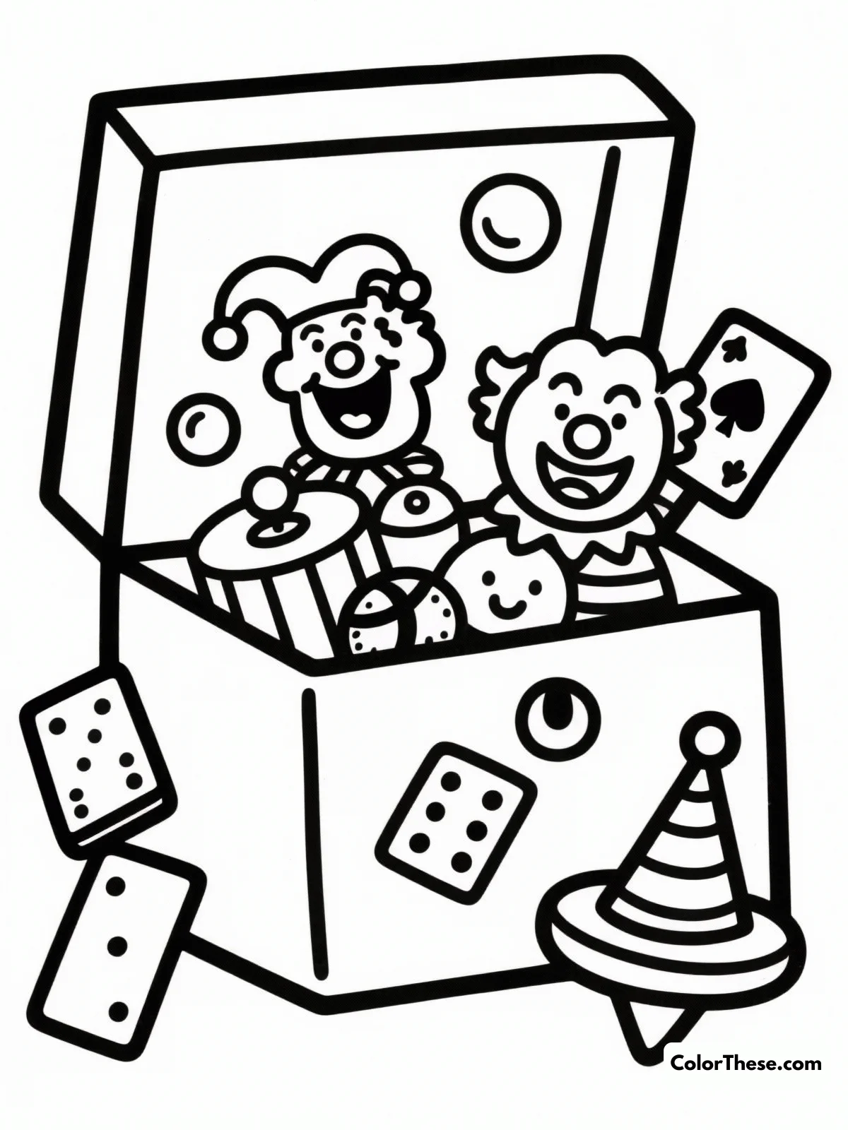 Free printable joker's toy box coloring page for kids and adults. Dive into the whimsical Joker's Toy Box coloring page! Download this free printable PDF packed with playful toys and surprises—perfect for all ages to enjoy.