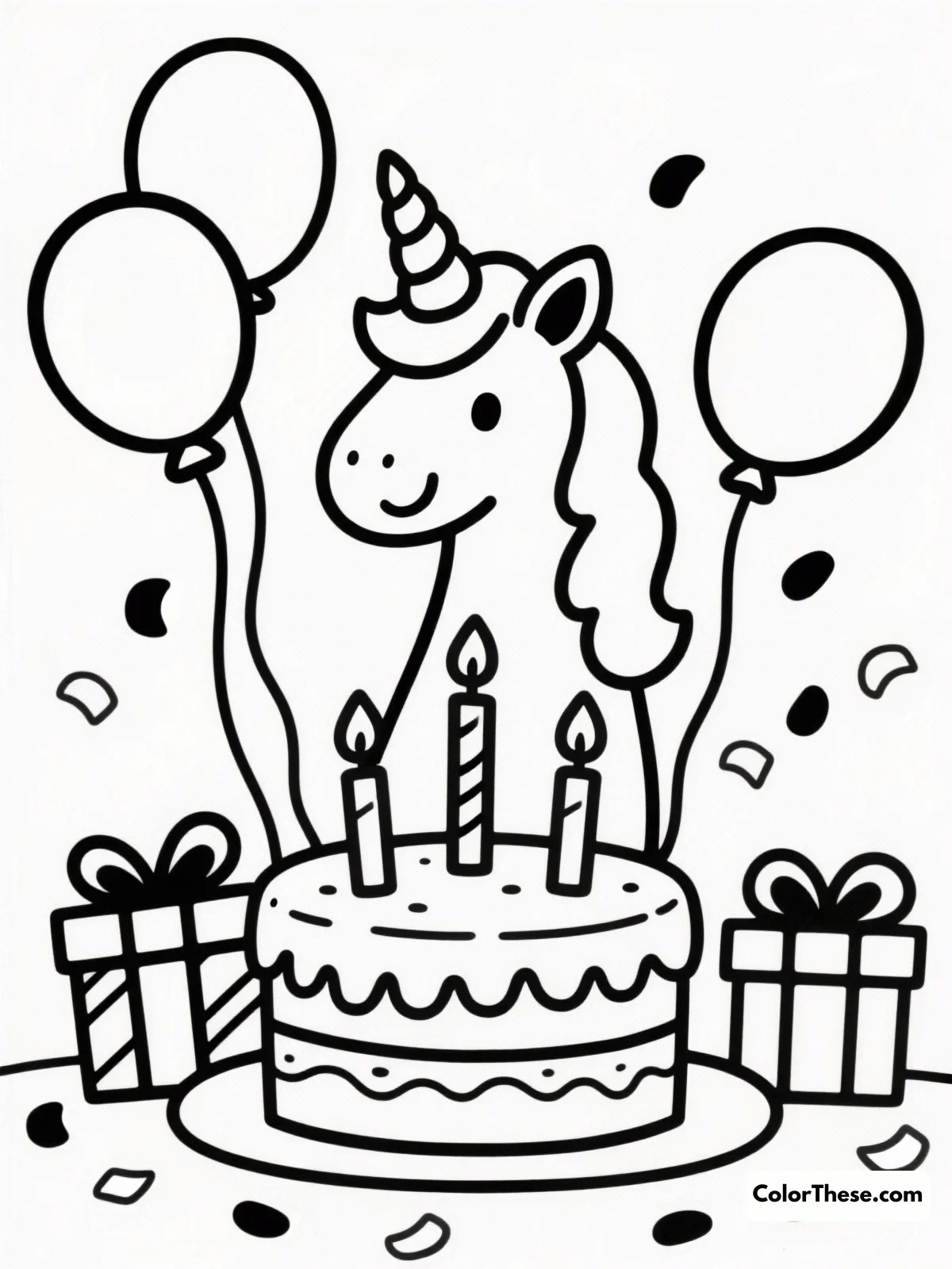 Free printable unicorn celebrating a birthday coloring page. Download a magical Unicorn Celebrating a Birthday coloring page! Free printable PDF for kids—perfect for parties, fun coloring, and sparking imagination.