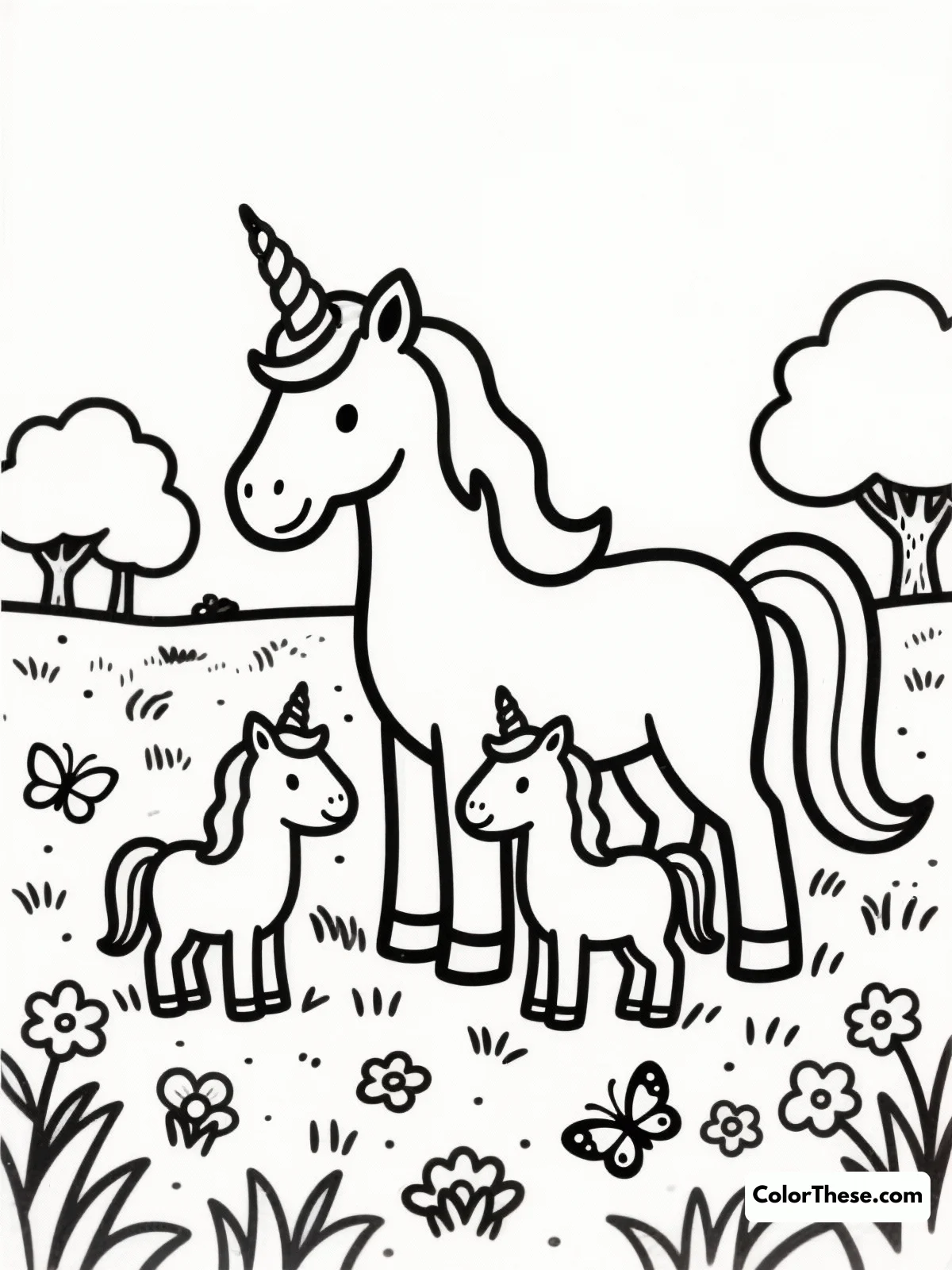 Unicorn Family in a Meadow coloring page