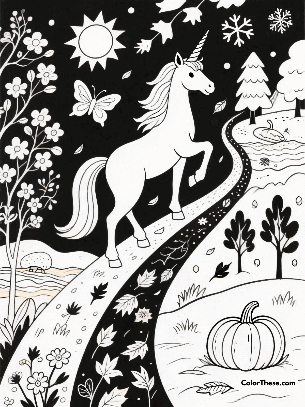 Unicorn Journey Through Seasons coloring page