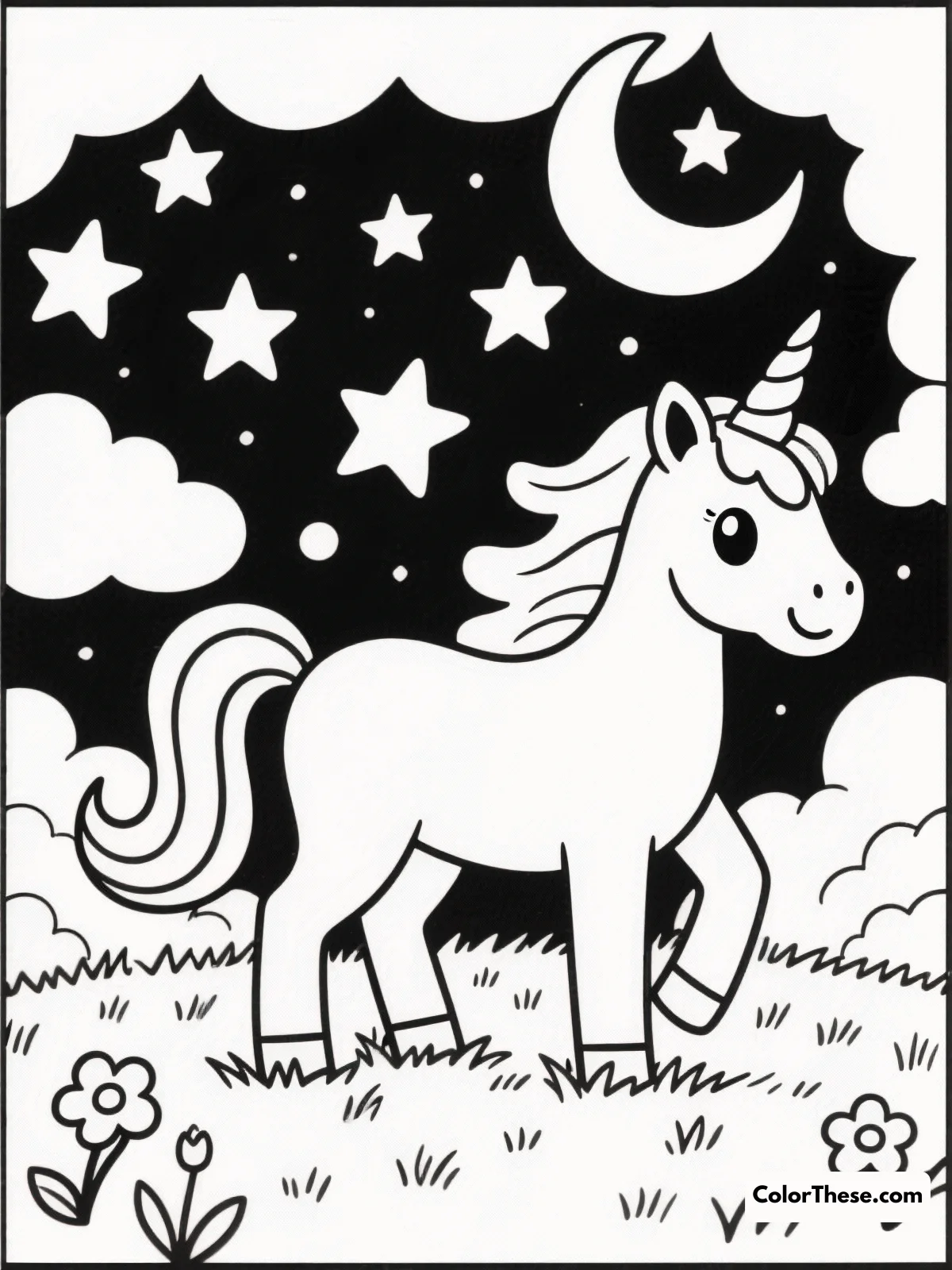 Unicorn Under a Starry Sky coloring page