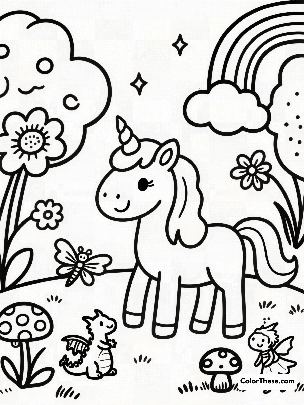 Unicorn and Friends in Fantasy Land coloring page