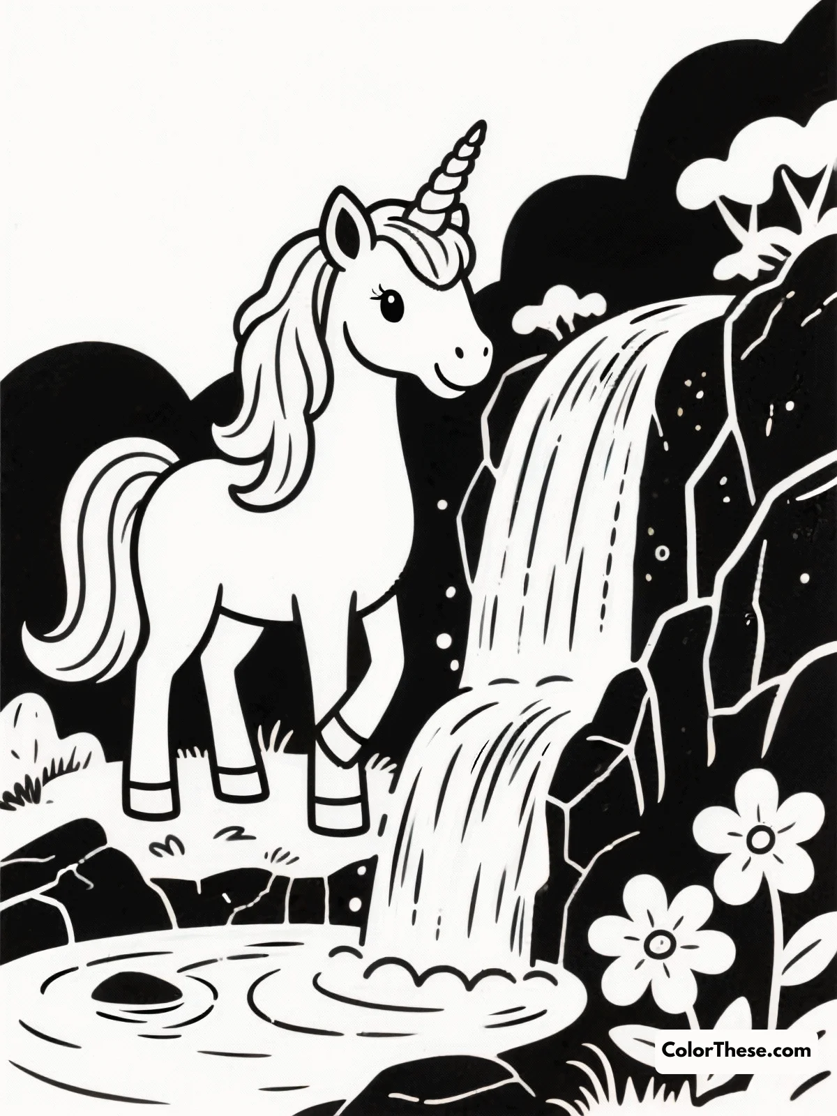 Unicorn with a Magical Waterfall coloring page